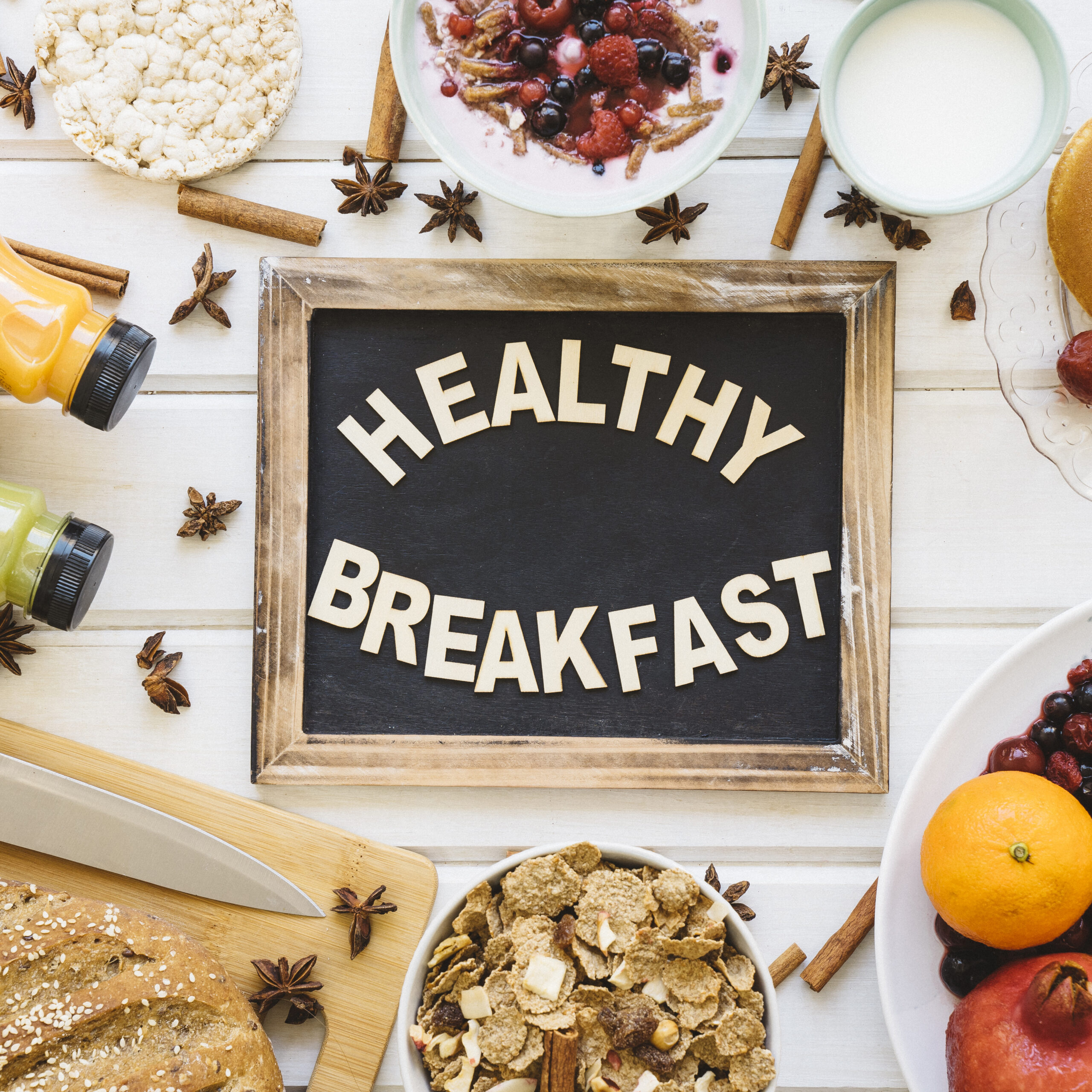 breakfast composition with slate decoration