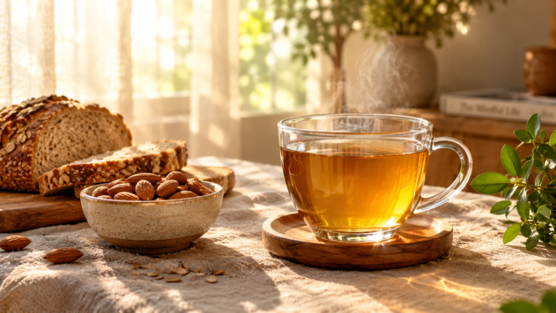 Sunlit Tea, Bread, and Almonds